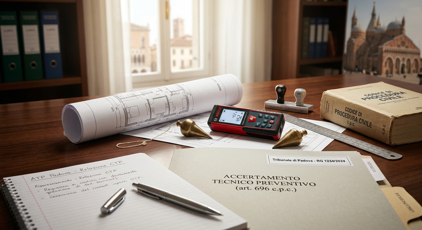 Documenti legali e strumenti di rilievo tecnico per accertamento tecnico preventivo ATP a Padova.